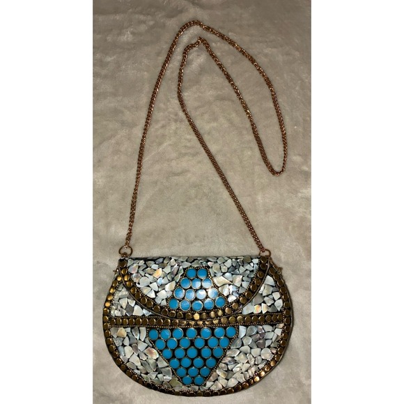 Ramla Porte-Moi Clutch Moroccan Mosaic Pearl/Turquoise Gold‎ Handmade NEW